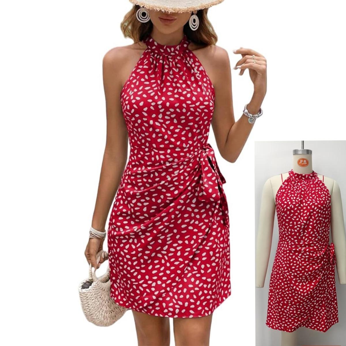 

С горошек плиссированное платье без рукавов платья с завязками на шее XXL красный