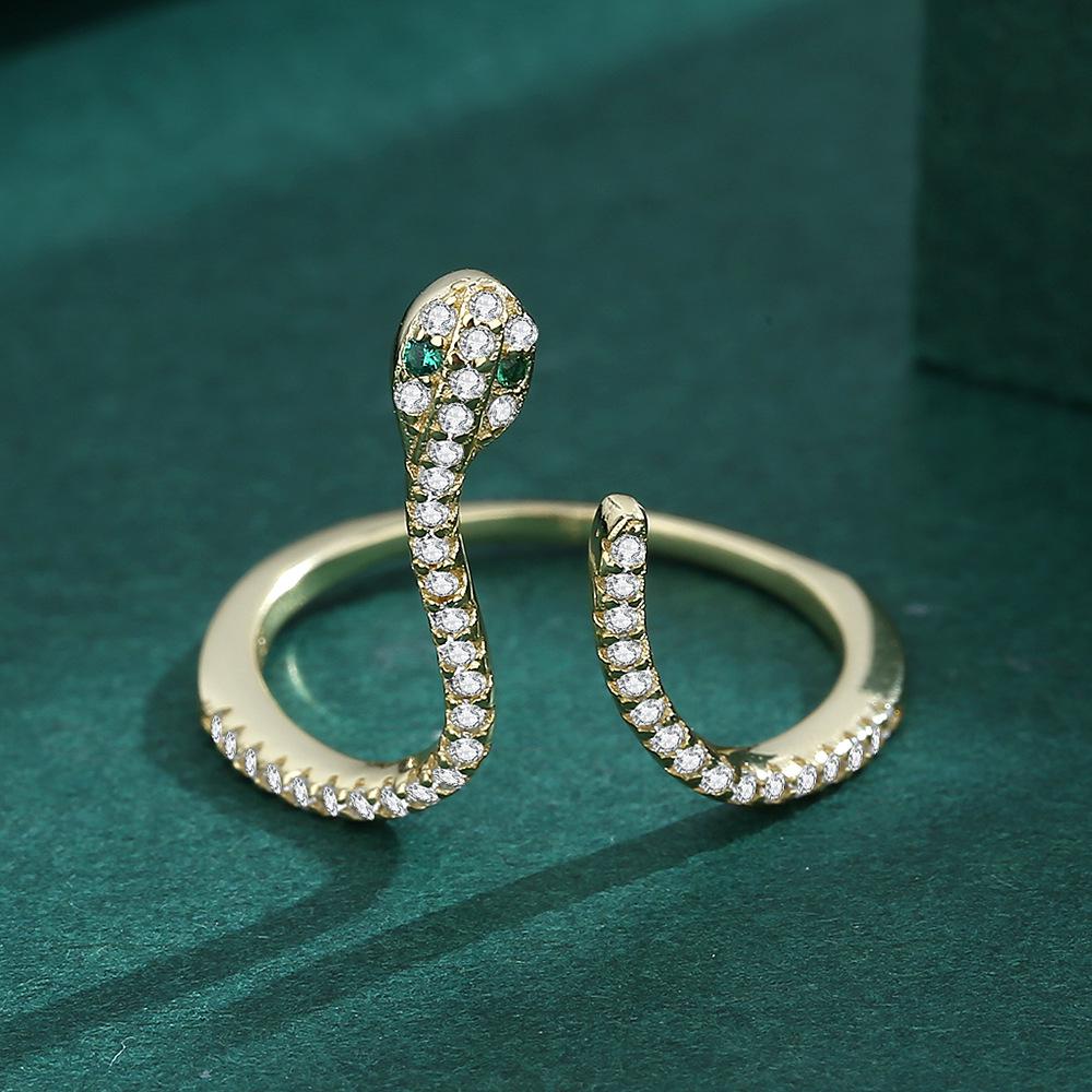14K Gold Plated Zircon Open Ring: 925 Sterling Silver Micro-Paved Diamond Snake Design for Women - European & American Style.