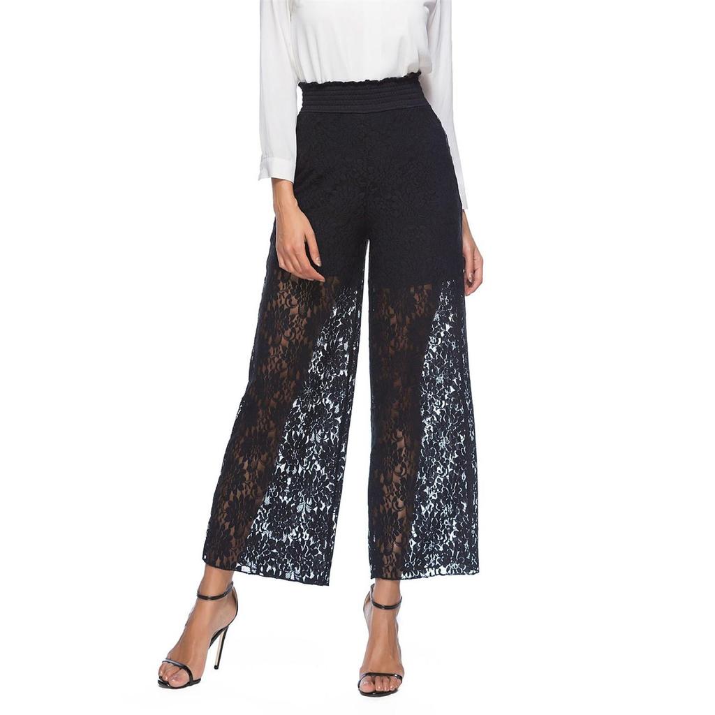Wide Leg Pants For Women Summer Elastic High Waist Loose Hollow Hook Flower Lace Beach