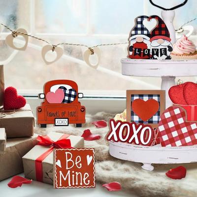 Valentine's Day Tray Decorations Decor Farmhouse Tiered Tray Indoor Buffalo Plaid Gnome Couple Love Heart Truck Wooden Signs Rustic Valentine Decor