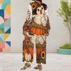 Women Plus Size Printed Round Neck Long Sleeve Layered Top Wide Leg Cropped Pants Two Piece Set