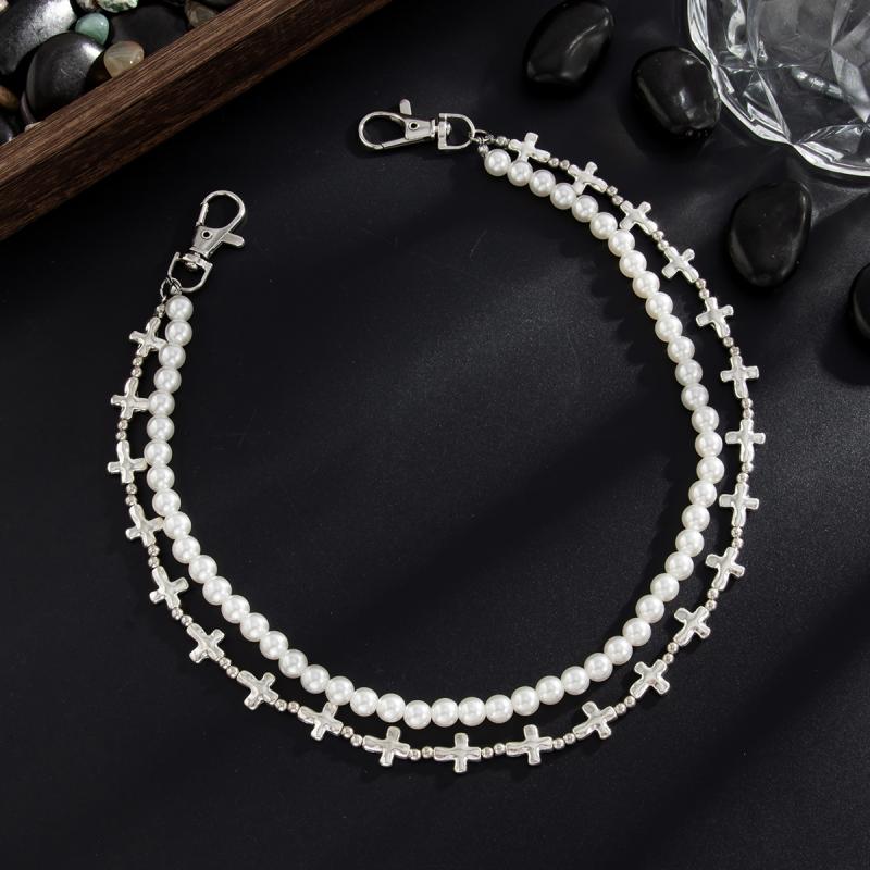 Hip Hop Multilayer Imitation Pearl Cross Charm Jeans Pants Chain Personalized Waist Chain Fashion Wallet Chain Belt Decor