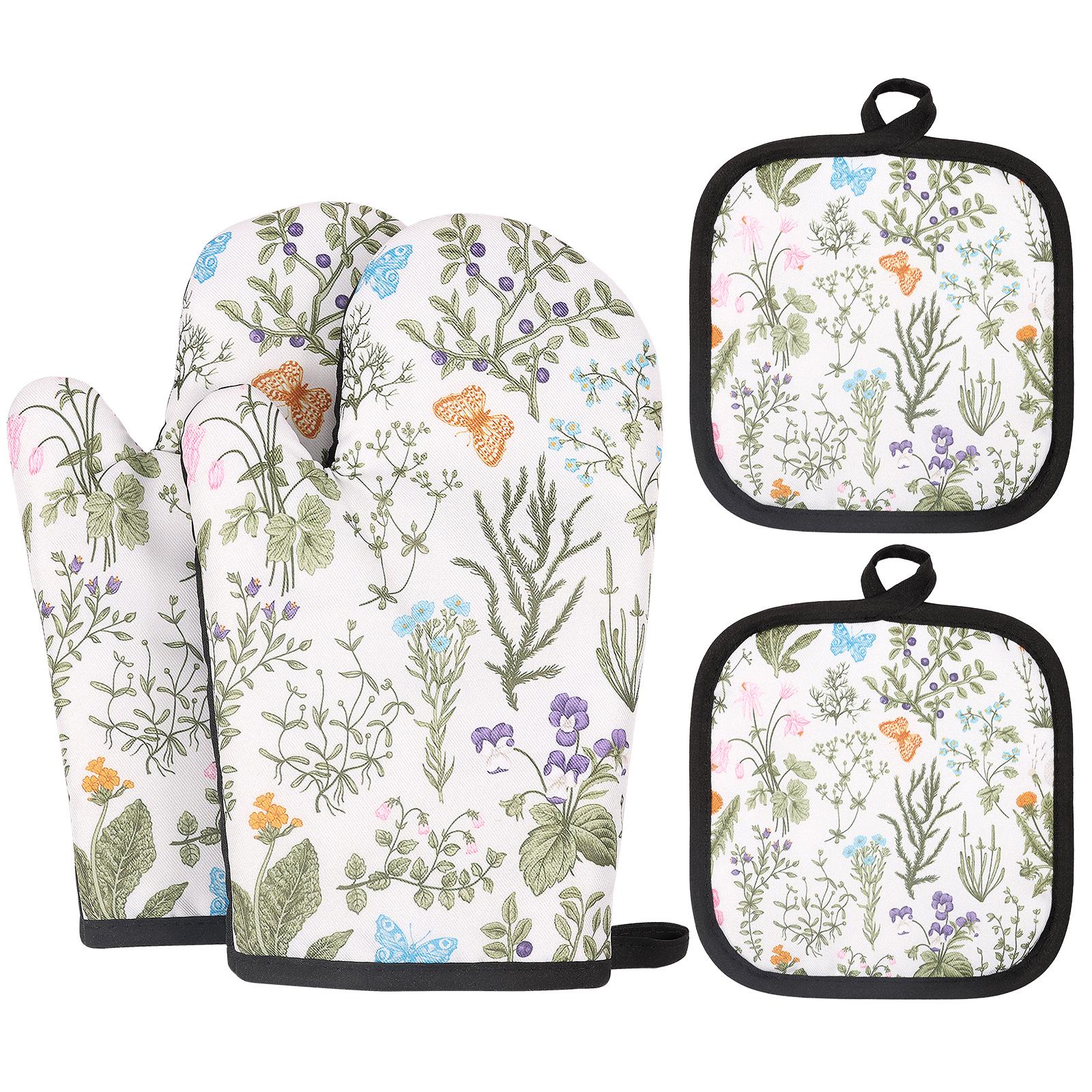 4Pcs Oven Mitt and Pot Holder High Heat Resistant 250℃ Kitchen Oven Glove Baking Oven Mitt and Potholder for Kitchen Accessories