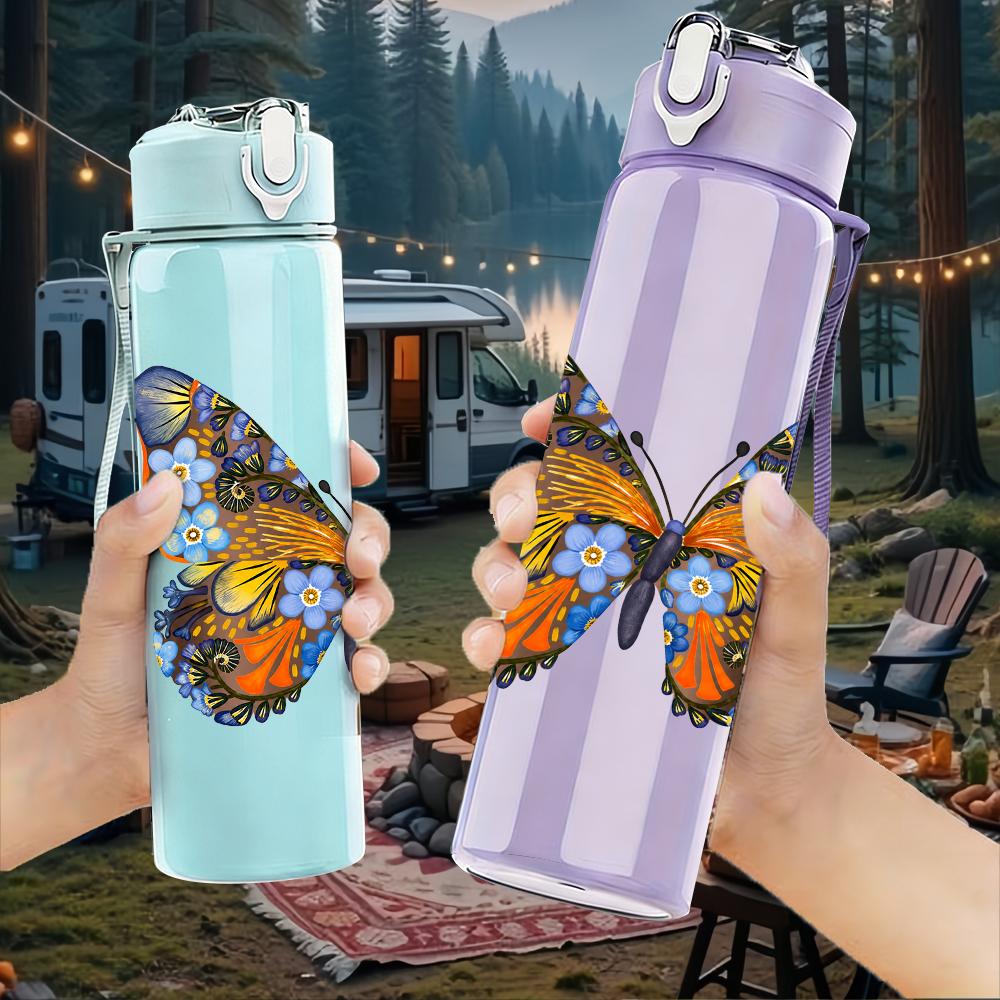 1PC Colorful Tropical Butterfly 750ml Color Plastic Sports Water Bottle Leakproof Flip Straw Lid Suitable for Sports Office Home Use