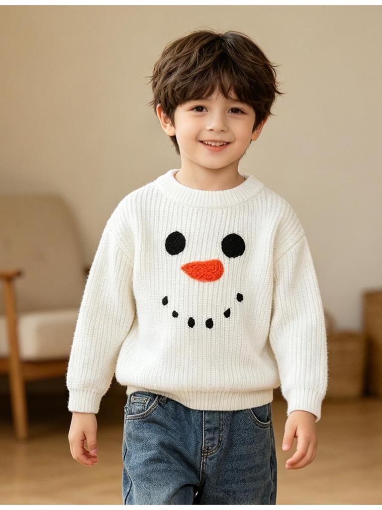 Hand-Embroidered Snowman Knit Sweater - Christmas Cotton, Long Sleeve for Baby Boy/Girl