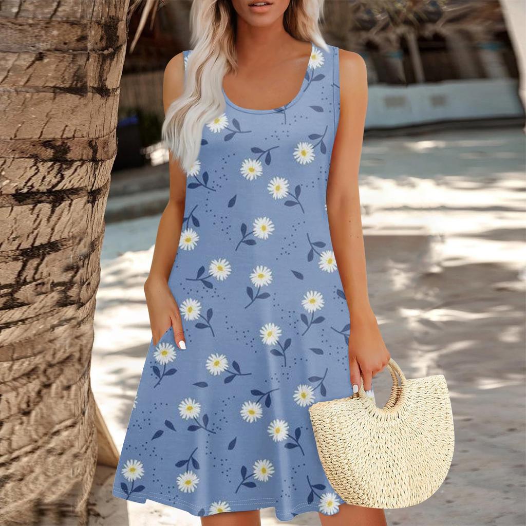 Women's Summer Floral High Waist Bohemian Dress Casual Hawaiian Flowing V Neck Holiday Dress