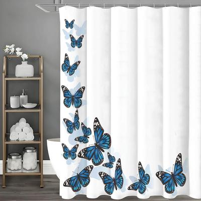 Blue Butterfly Shower Curtain, Bathroom Decorative Shower Curtain, Waterproof Shower Curtain with Hooks 180x180cm