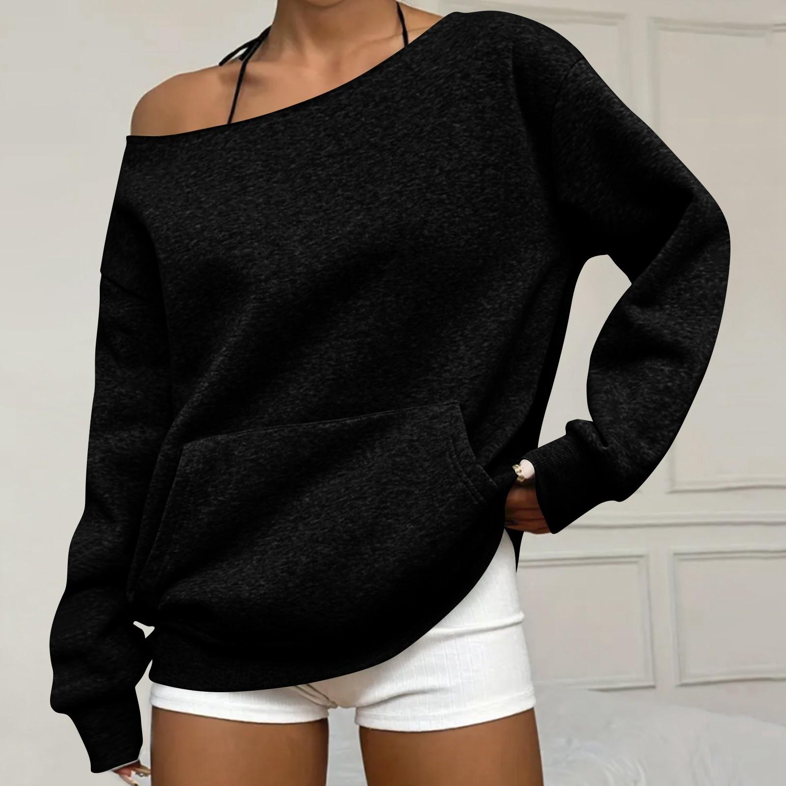 

Women s Casual Fashion Solid Color Off-shoulder Long-sleeved Loose Sweatshirt With Pockets XL чёрный