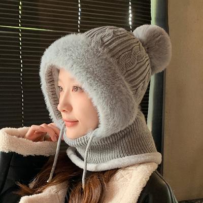 New Plush Hat Women's Winter Mask Scarf Integrated Knitted Hat Warm Plush Pullover Hat Cold Protection Ear Hat
