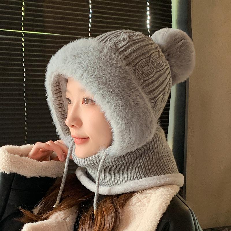 New Plush Hat Women's Winter Mask Scarf Integrated Knitted Hat Warm Plush Pullover Hat Cold Protection Ear Hat