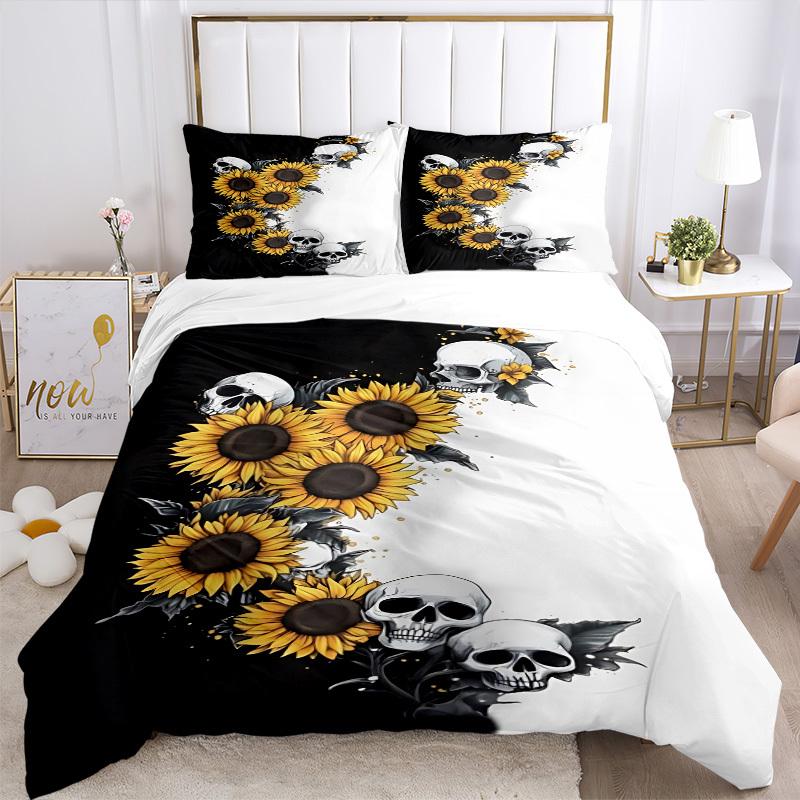3pcs Skull Sunflower Design Duvet Cover Set - Machine Washable, Includes 1 Cover and 2 Pillowcases, No Core Included Yy251013143