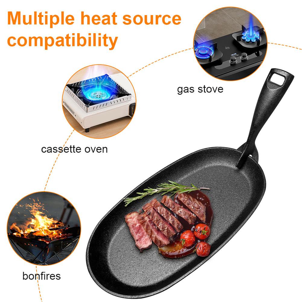 10.6 X 6.89in Cast Iron Sizzler Pan Oval Shape Steak Plate Fajita Skillet Sizzle Griddle Fajita Server Plate for Home Restaurant nero