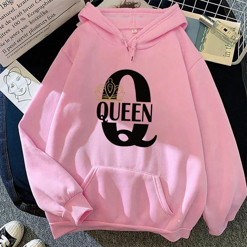 King Queen Tryck Hoodie för Kvinna Man 2025 Ny Ankomst Par Huvtröja Långärmad Pullover Hemma Utomhus Komfort Varma Sweatshirts
