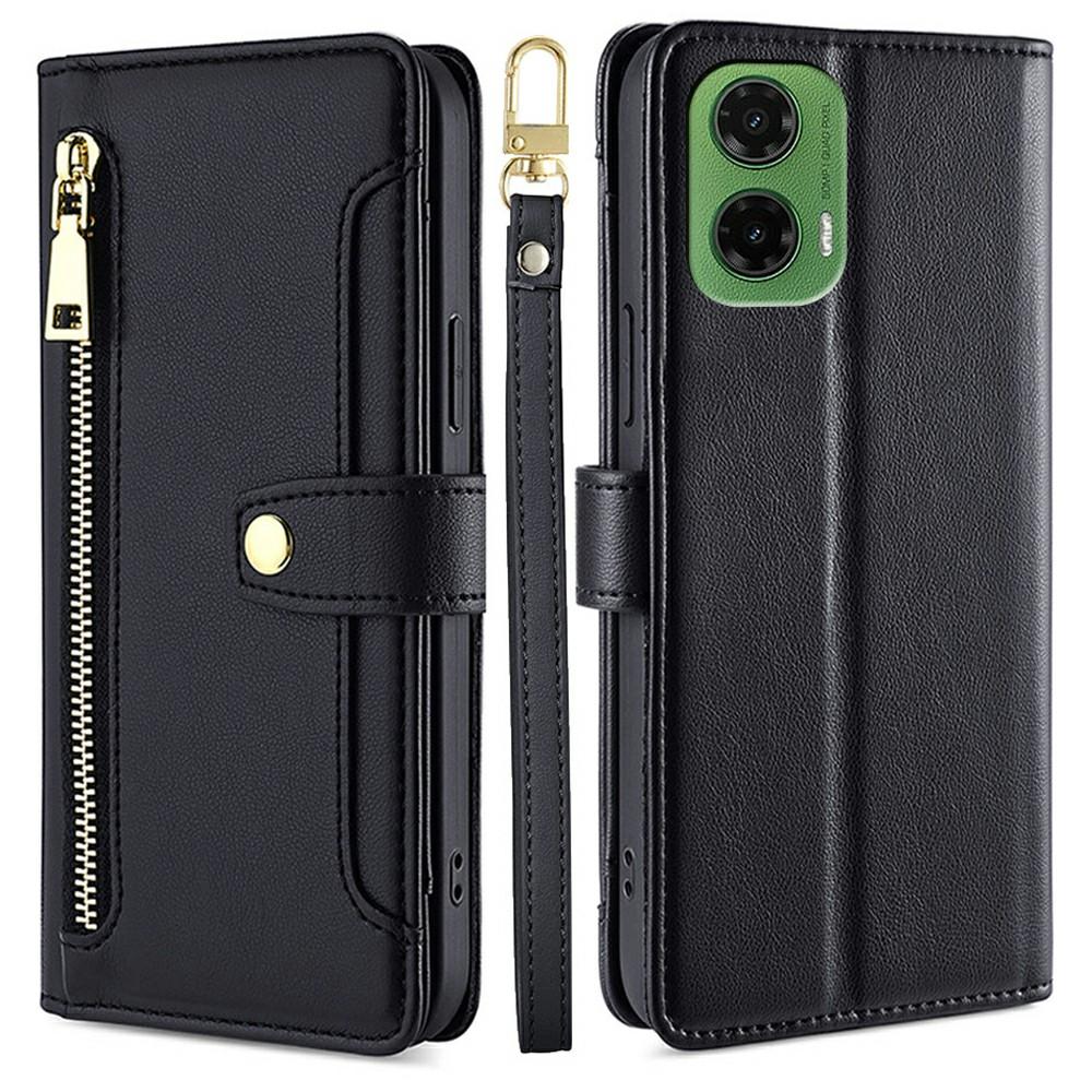 For Motorola Moto G35 5G Leather Case Zipper Pocket Wallet Phone Cover with 2 Straps