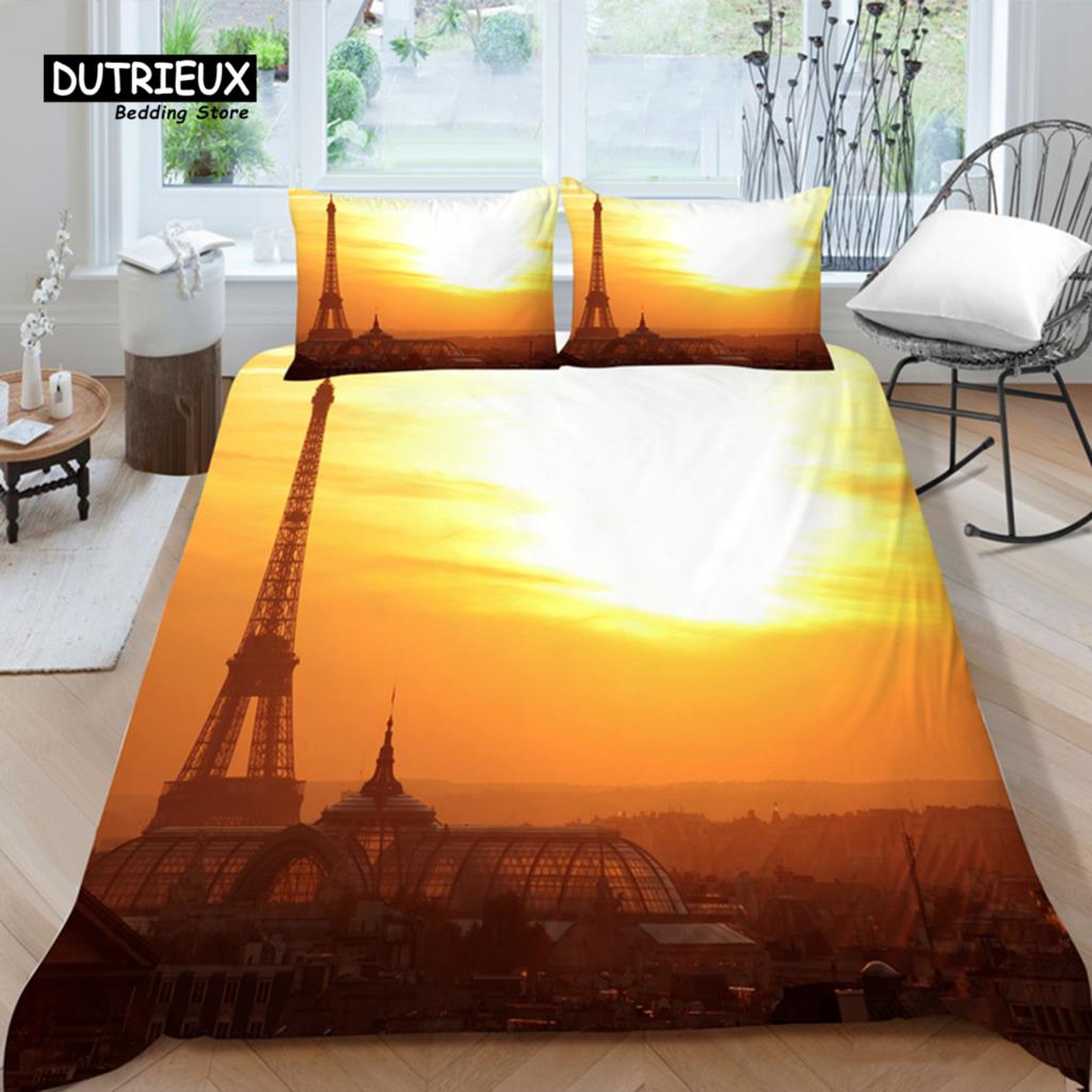 Eiffel Tower Duvet Cover Modern French Paris Cityscape Bedding Set 3D Europe Building Comforter Cover King For Kids Adults Decor
