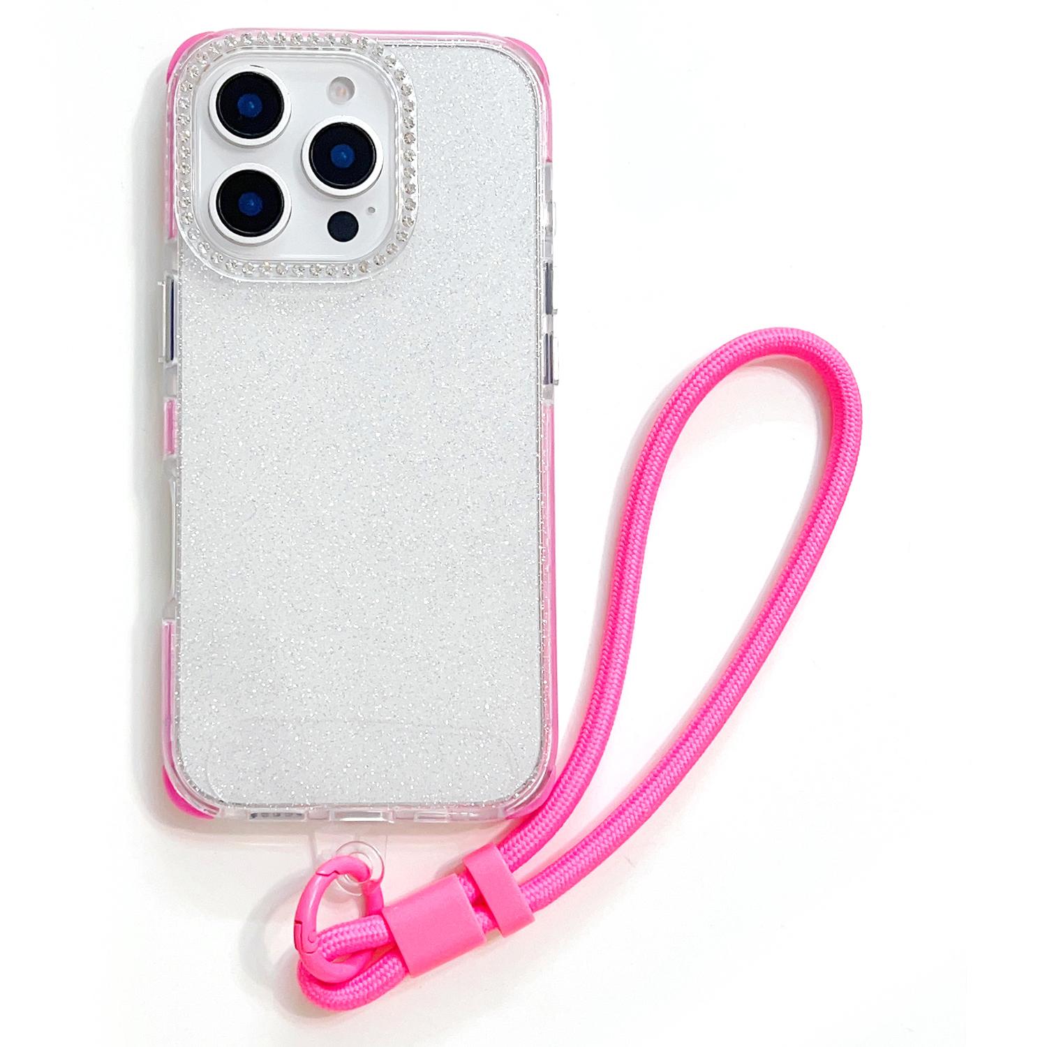 

For iPhone 16 Pro Max Case Rhinestone Decor Glitter TPU Anti Drop Phone Cover with Adjustable Wrist Strap Rose
