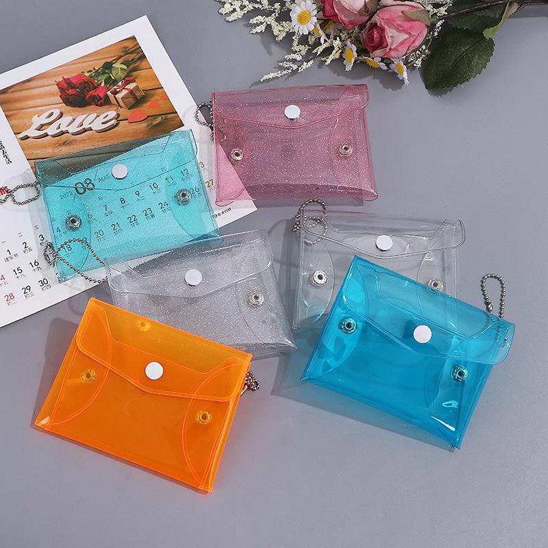 1Pcs Mini Pvc Clear Card Holder Keychain Glitter Transparent Coin Purse Snap Button Wallet For Earphone Jewelry Daily Storage