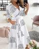 Women's Spring/Summer Fashion V-Neck Long-Sleeve Printed Hip Dress