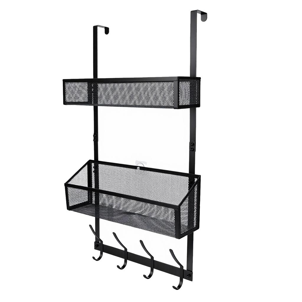 Adjustable Over The Door Hooks Organizer Metal Hanger Storage Rack with 2 Mesh Basket and Coat Hooks for Bathroom