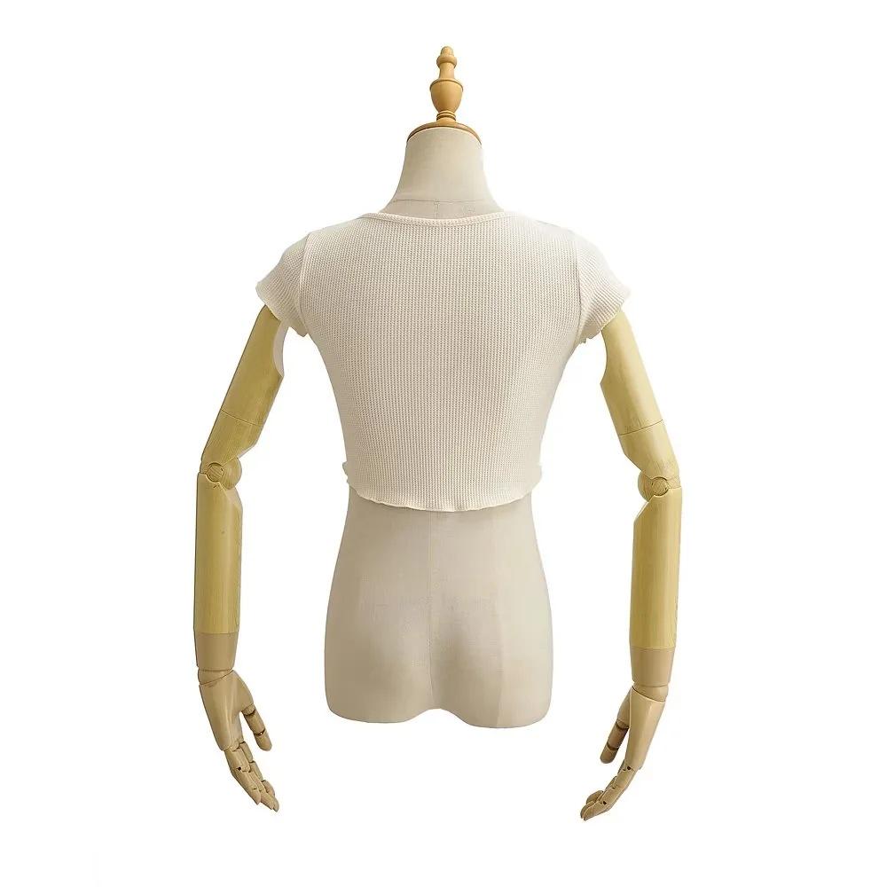 American Style Slim Fit U-Neck Buttoned Waffle Knit Crop Top for Women