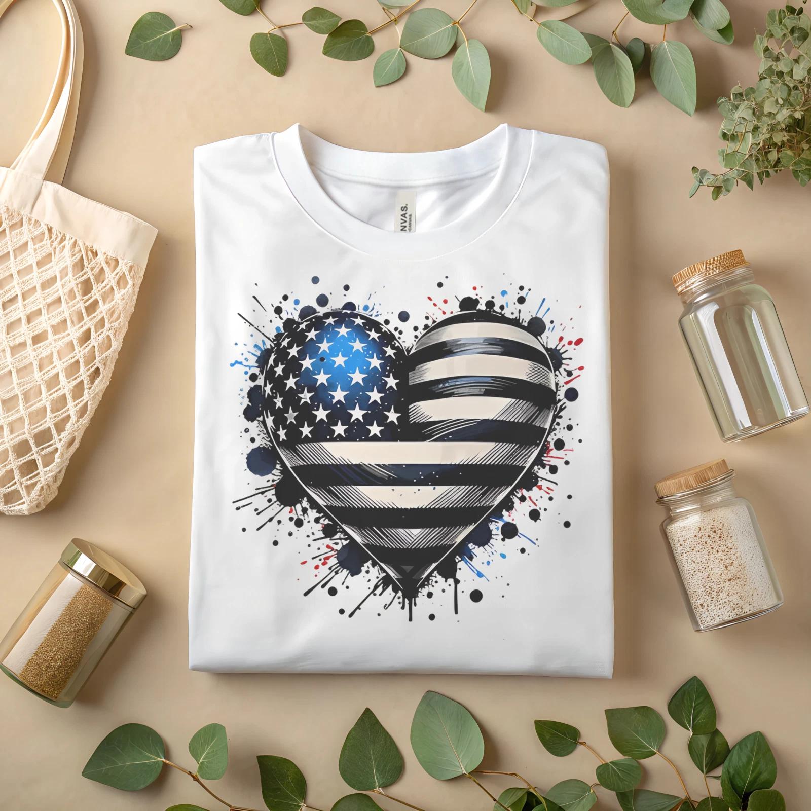 Thin Blue Line Heart American Flag T-Shirt – Patriotic USA Graphic Tee A496 L
