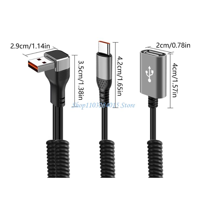 R6FF 66W Fast Charging 90 Degree Angled USB Spring Coiled Data Cable for Car Computer
