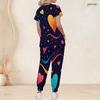 Women Plus Size V Neck Short Sleeve Scrub Set Black Base Red Gold Heart Glitter Print Nurse Uniform Set