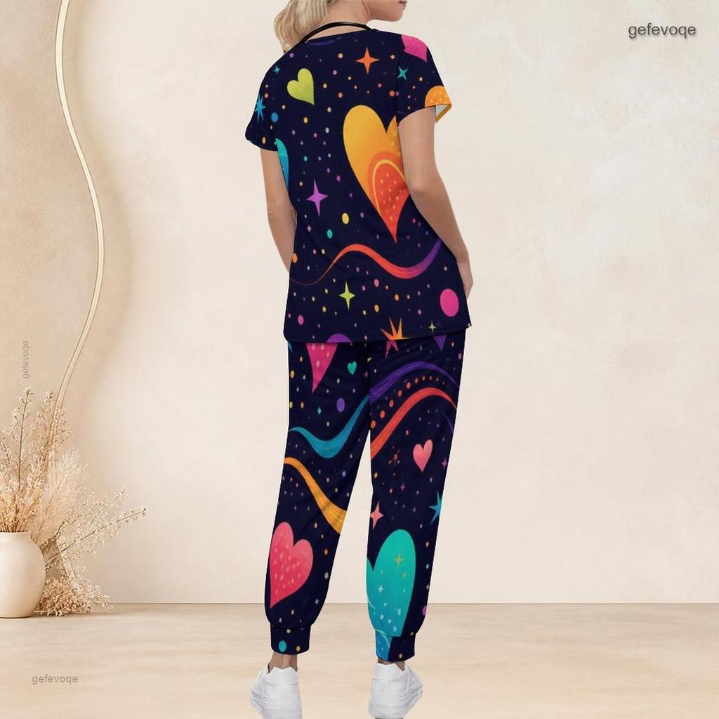 Women Plus Size V Neck Short Sleeve Scrub Set Black Base Red Gold Heart Glitter Print Nurse Uniform Set