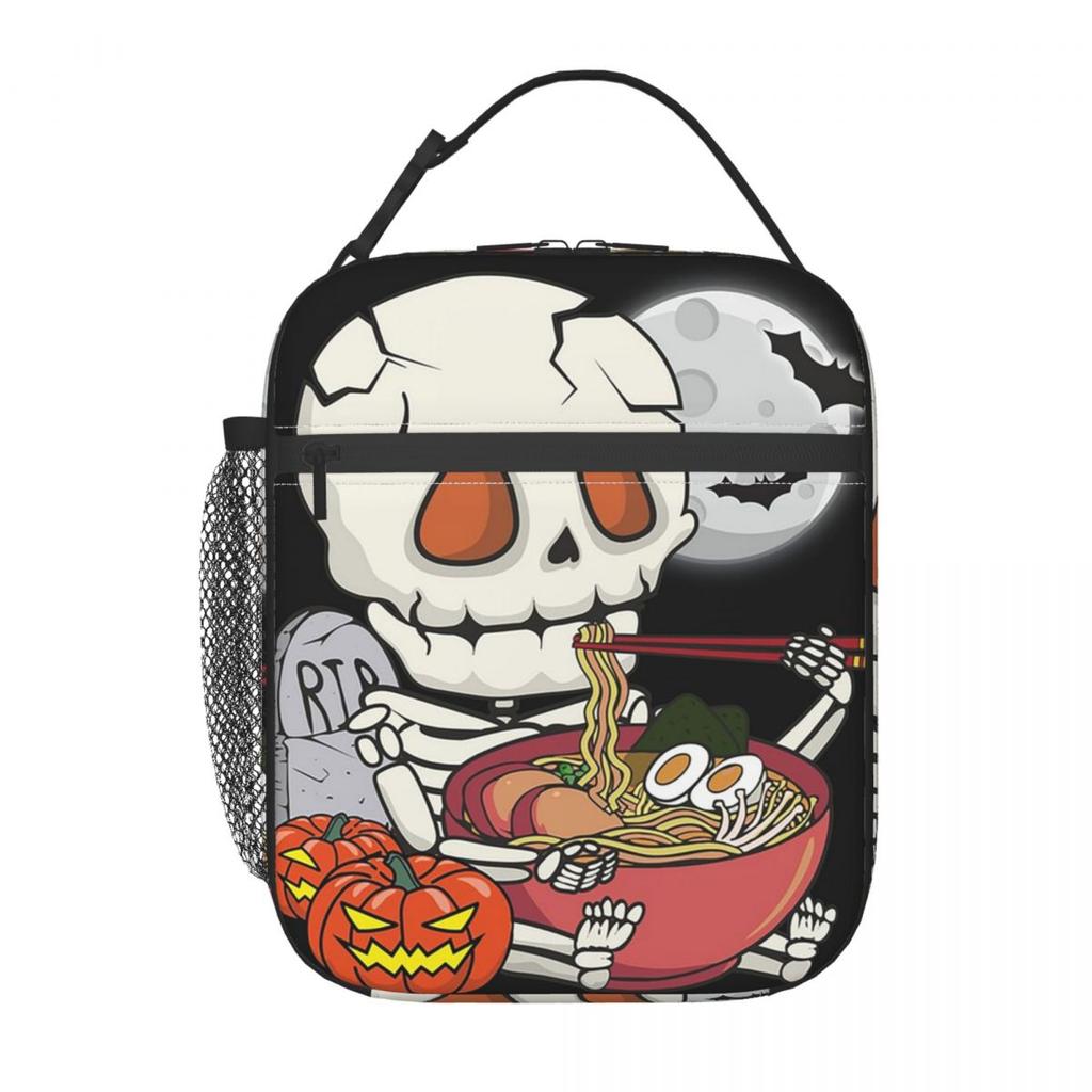 Cartoon Skeleton Eating Ramen Food Halloween Insulated Lunch Bag for Women Kids Portable Food Boxes Thermal Lunch Box Tote