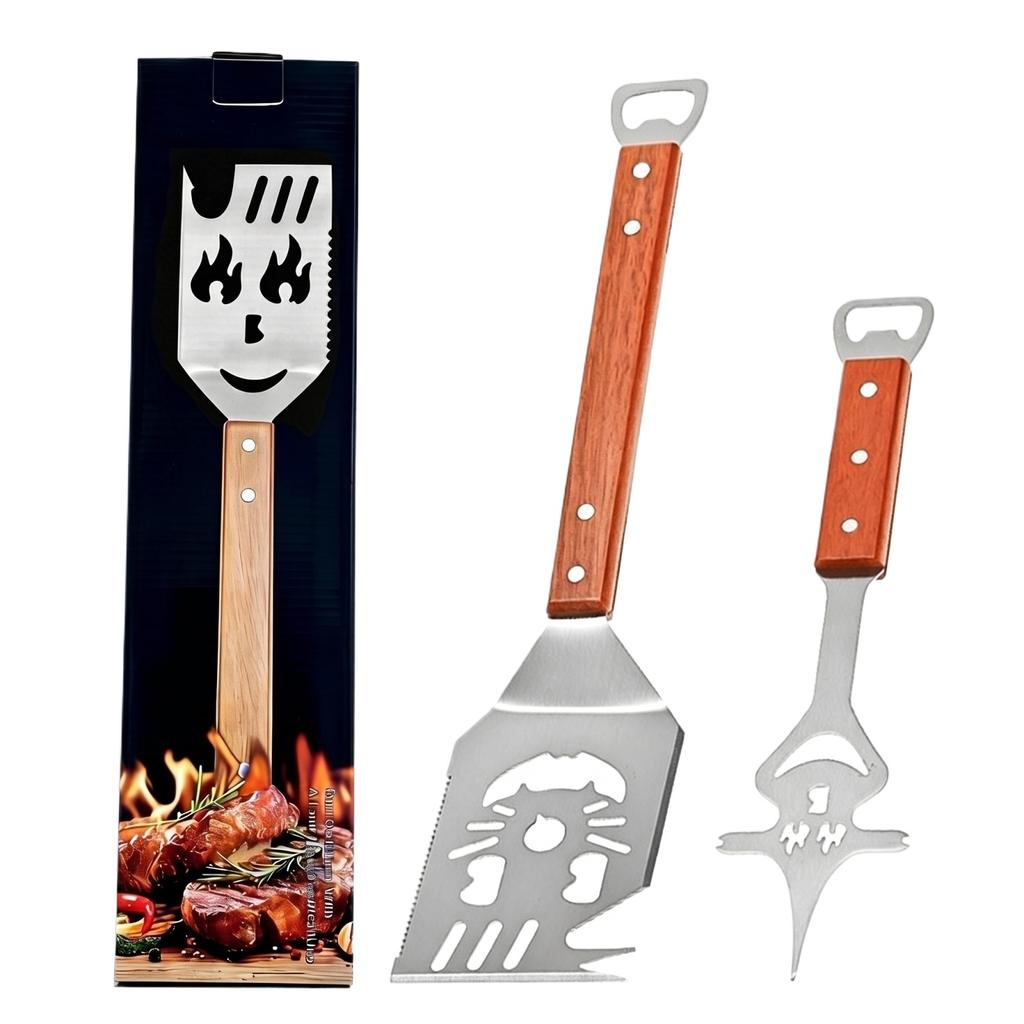 Multi-functional Barbecue Tool Set, Stainless Steel Scraper With Wooden Handle, Fork And Bottle Opener. Barbecue Accessories And Men's Barbecue Gifts.