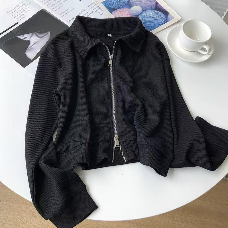 Cotton waffle short coat women's autumn new loose design double zipper top casual cardigan trend