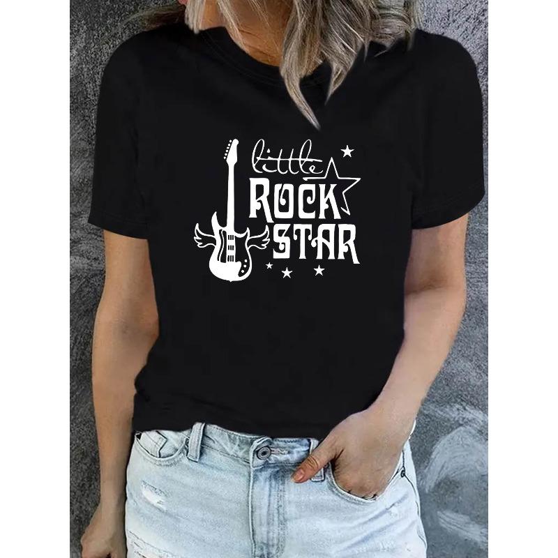 Plus Size - Plus Size - Little Rock STAR Graphic Print Plus Size Women S T-Shirt, Short Sleeve Crew Neck Casual Top for Summer And Spring S чёрный