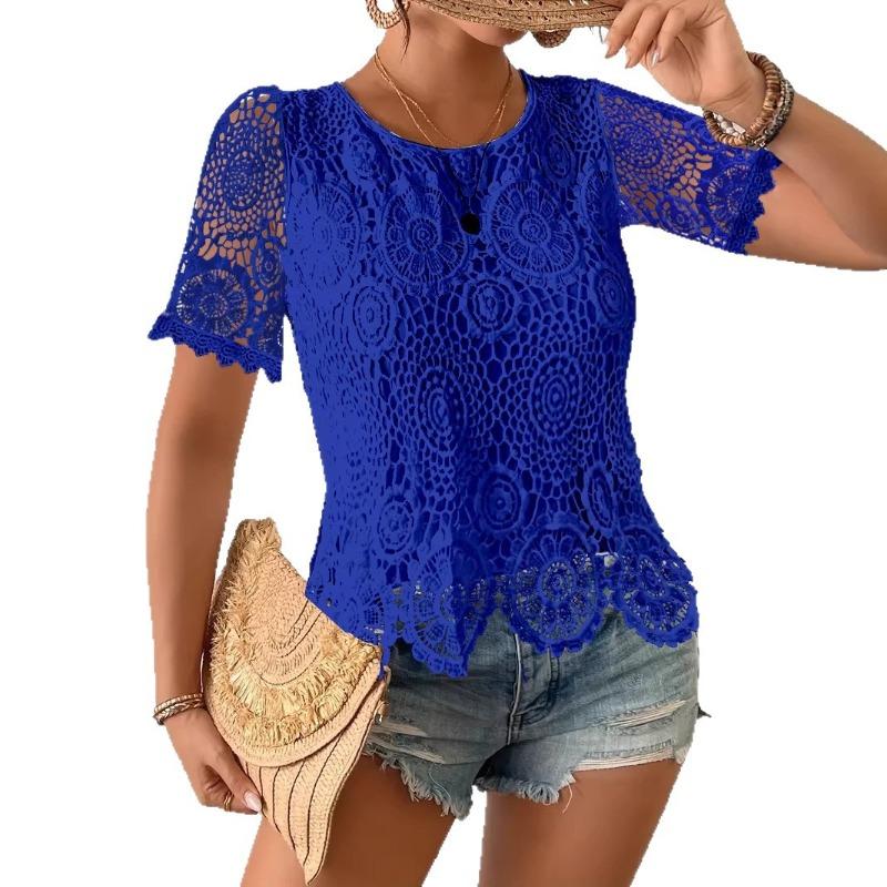 T-shirt Casual Elegante alla Moda Nuovi Stili Estivi con Scollo Tondo in Pizzo Aperta Davanti a Maniche Corte