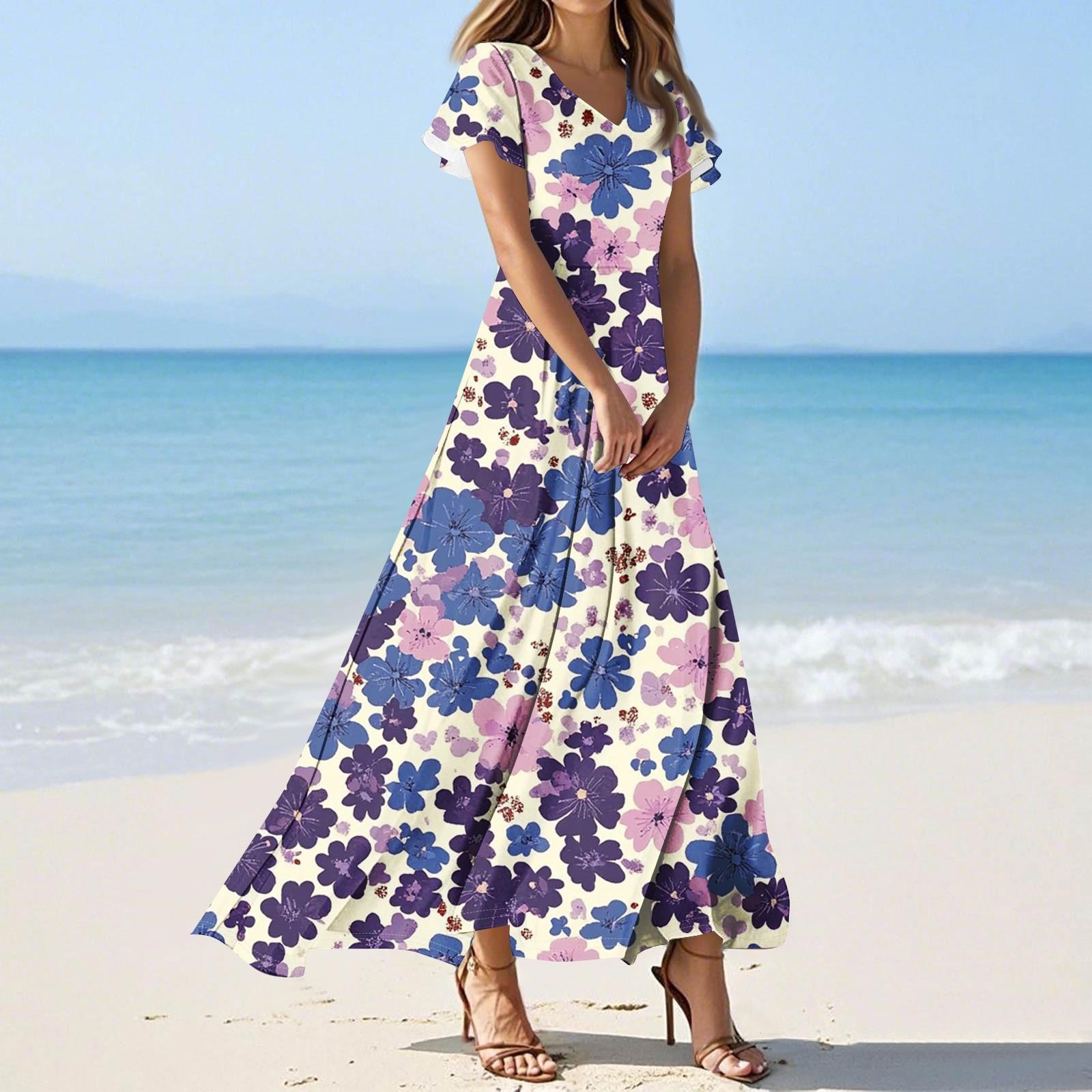 

Жіноча вільна повсякденна сукня з V-подібним вирізом, короткими рукавами та високою талією, принтована XL фіолетовий