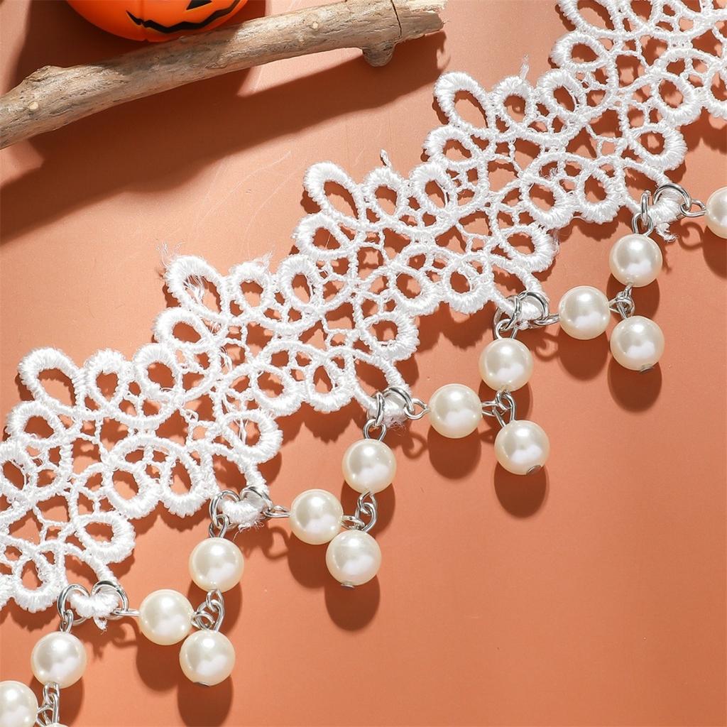 Fashion Bridal Lace Pearl Necklace White Lace Exaggerated Necklace Multi-layer Accessories