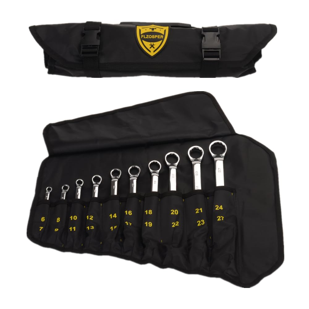 

Double-ended box-end wrench set (45°), 10-piece set, made of CR-V steel, with storage bag, 6-27mm.