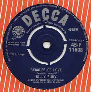 

7-дюймовая пластинка BILLY FURY - Because Of Love 45F11508 Decca 1962 UK Рок Б/У