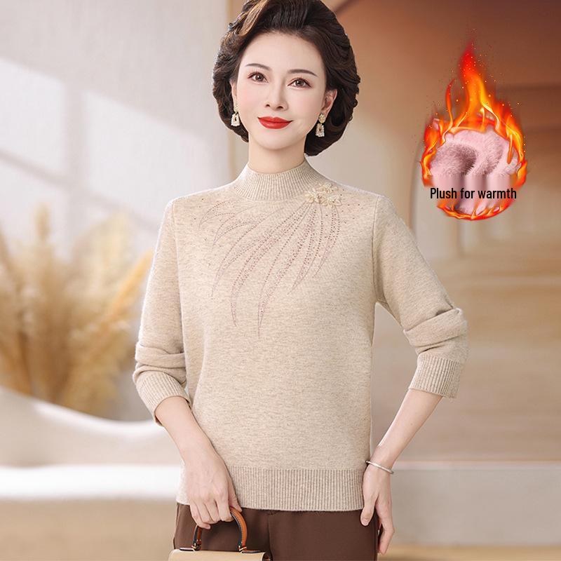 

Mom s Autumn/Winter Plus Velvet Thick Knit Sweater: Warm Base Layer for Middle-aged and Elderly 4XL: 135-150 kg бежевый