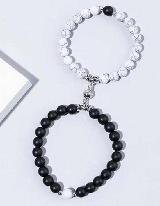 Matte Black & Turquoise Heart-Shaped Magnetic Couple Bracelets Set