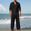 Four Seasons Linen Men's Casual Relaxed Breathable Long Sleeve Pants Shirt Beach Suit