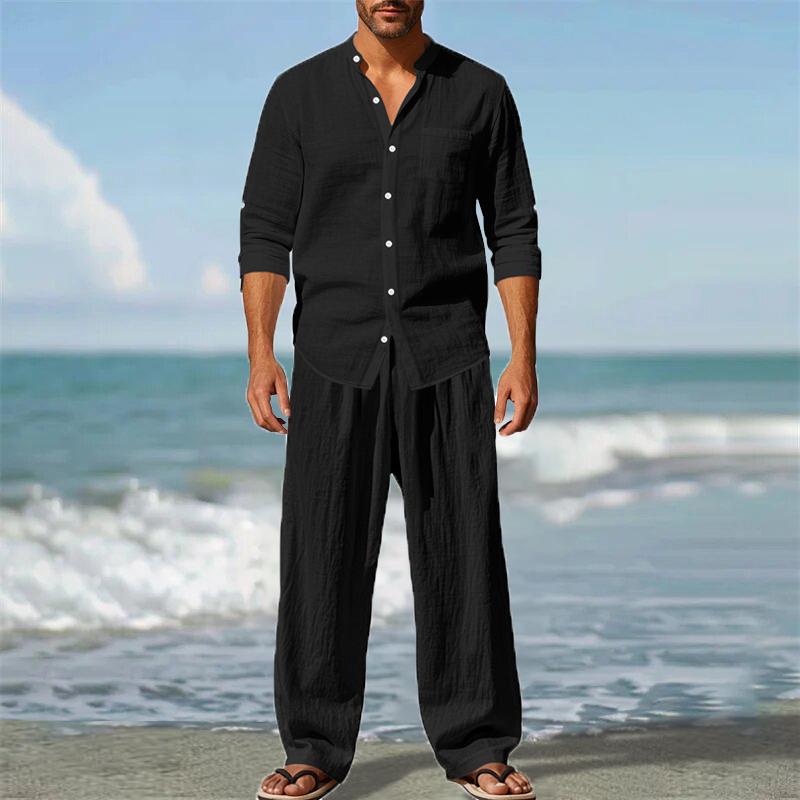 Four Seasons Linen Men's Casual Relaxed Breathable Long Sleeve Pants Shirt Beach Suit