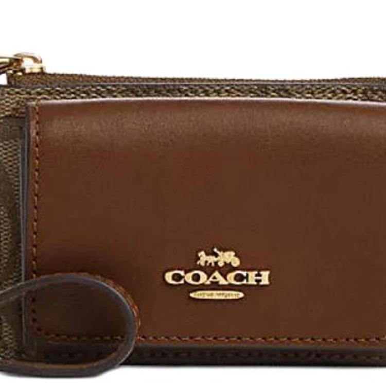 Coach Card Case 11 Classic Monogram Zip Closure PVC And Leather Women Card Case Khaki Saddle-Brown CP433-IME74