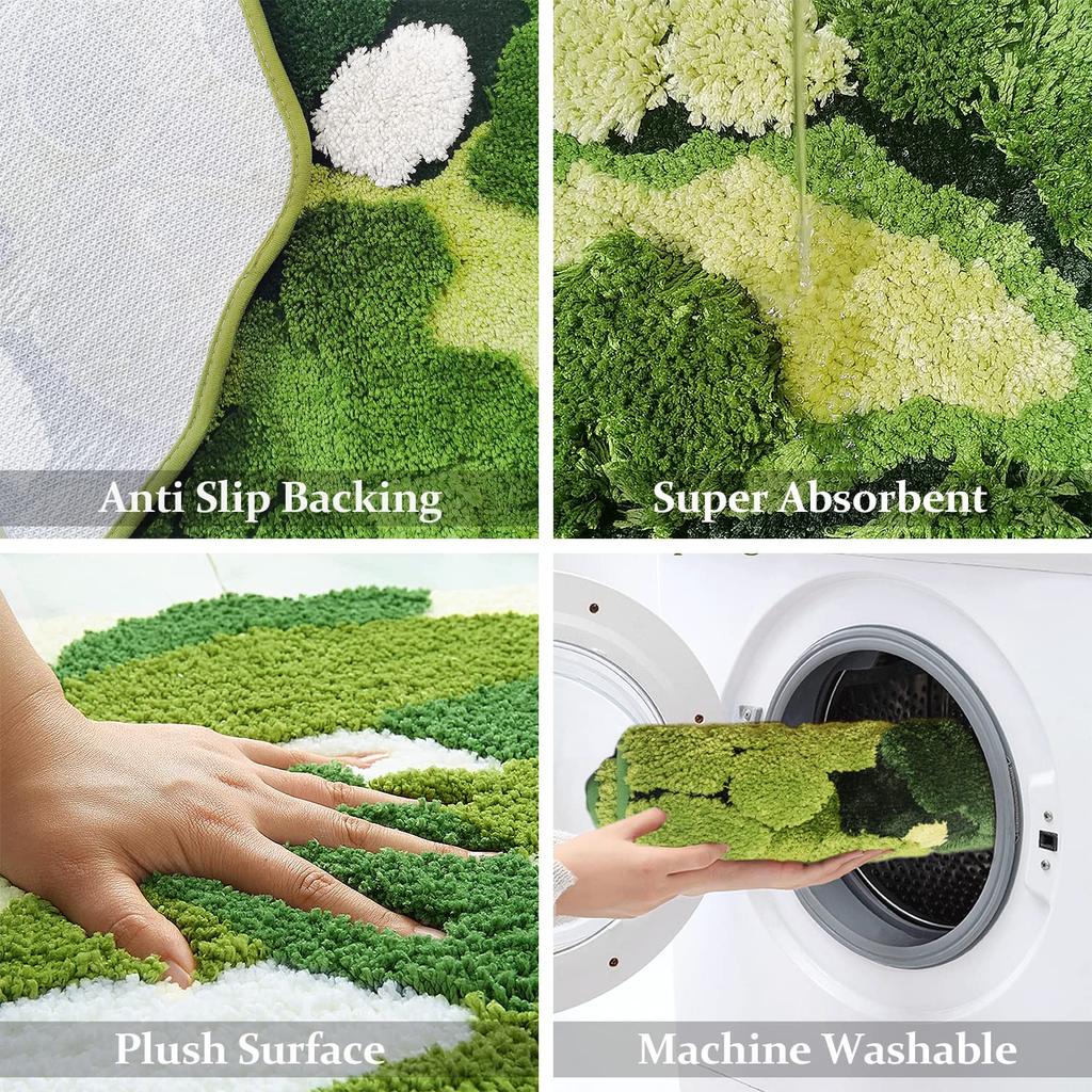 Cute Green Moss Floral Shag Bathroom Rugs Leaf Bath Mats for Bathroom Decor Soft Non Slip Washable Absorbent Floor Carpet