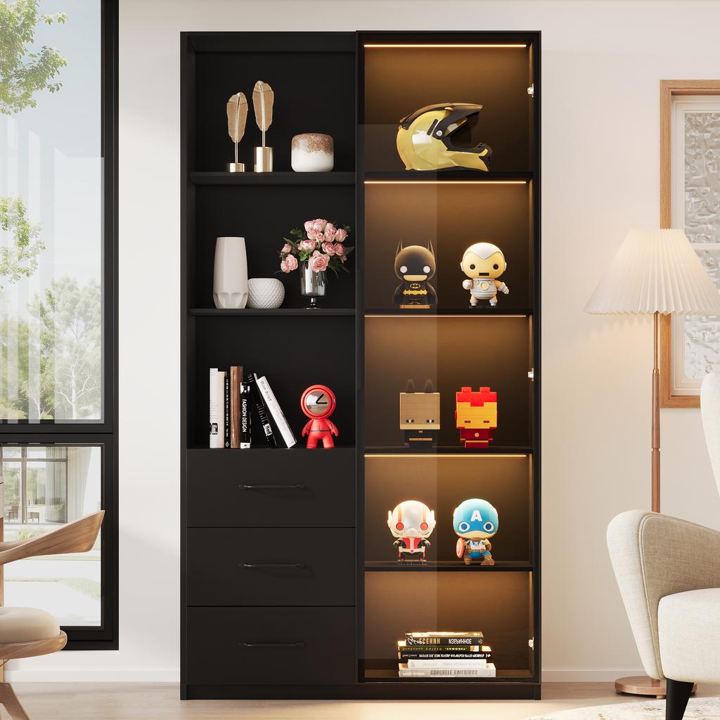 LED Display Cabinet 80 X 40 X 160 Cm - Bookcase with Tempered Glass Door and LED Lighting, 3 Drawers and 3 Open Compartments, Multicolor LEDs