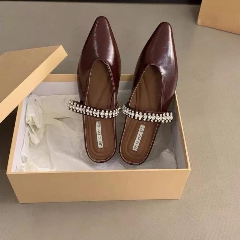 Fashion New Hot Baotou Half Slippers Female Summer Luxury Designer Pointed Rhinestone Temperament Girls Small Height Wedge Sandals