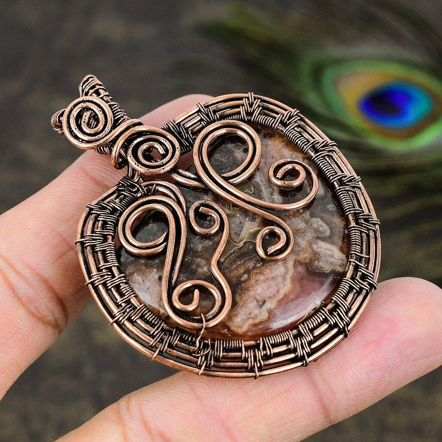 Rhodochrosite Gemstone Copper Wire Wrap Jewelry Pendant 2.56