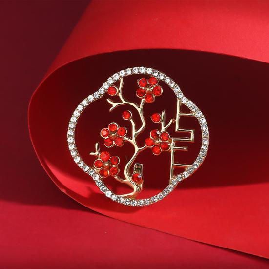 Holle Pruimenbloesem Broche met Rode Zirkonia Witte Strass Steentjes Chinese Stijl Pakken Jassen Sjaals Tassen