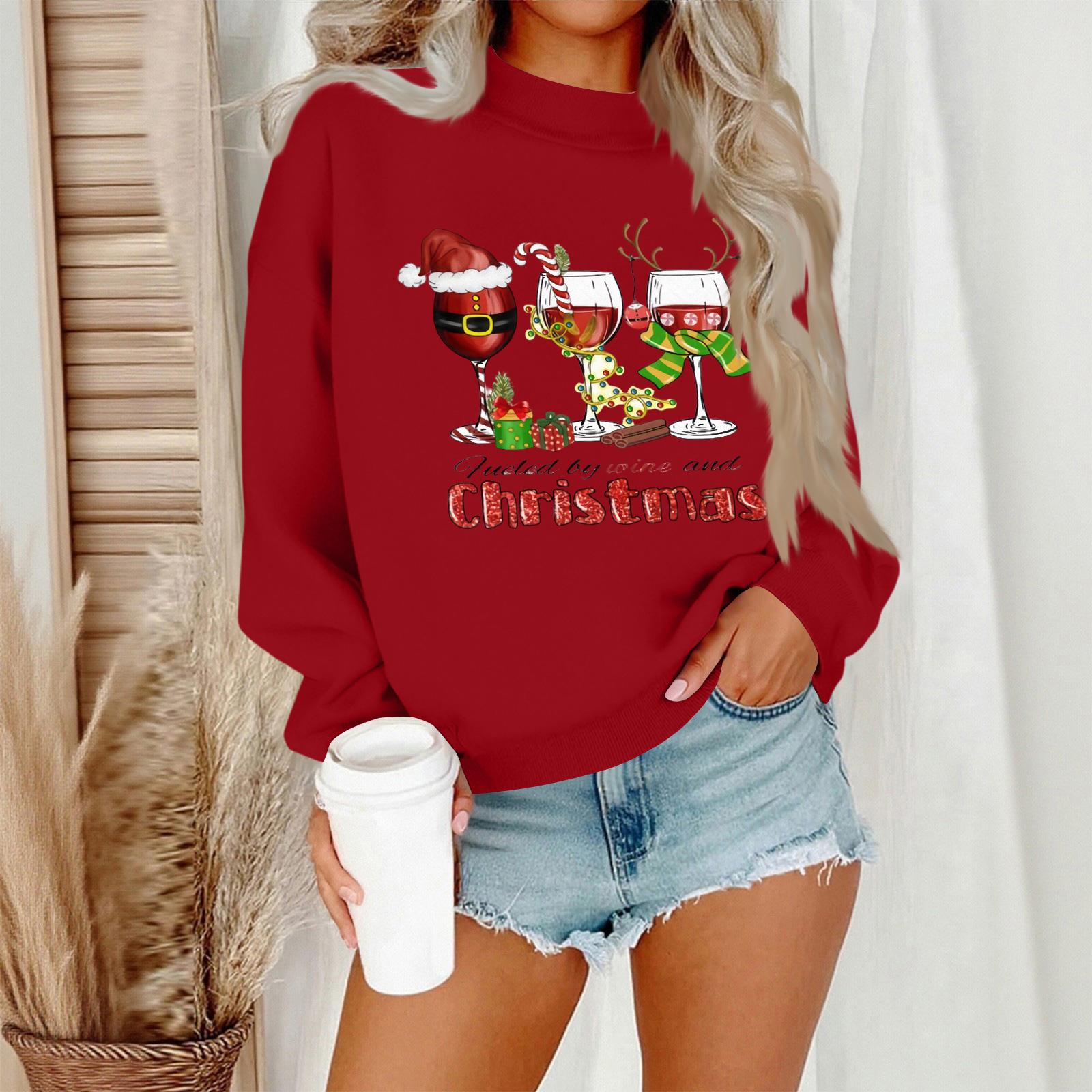 

Women s Casual Fashion Round Neck Long Sleeve Christmas Printed Sweatshirt XL красный