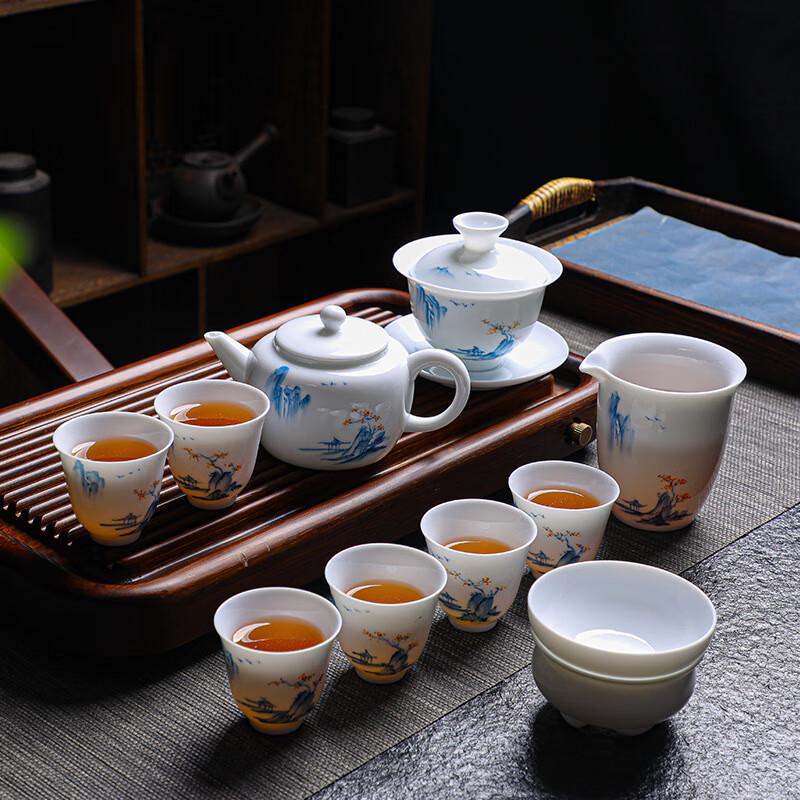 Hand-Painted Mutton Fat Jade Ceramic Kung Fu Tea Set