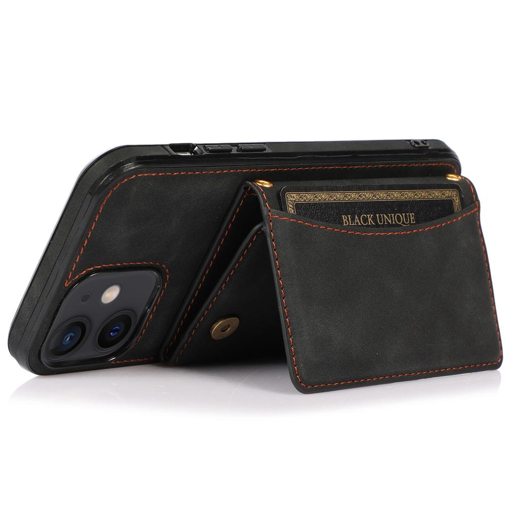 For iPhone 12 Mini 5.4 Inch Case Magnetic Button Tri-fold Wallet Kickstand PU Leather Coated TPU Cover